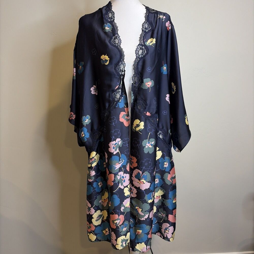 Victoria's Secret Robe Sz XS Women’s Open Blue Floral Lace Trim Kimono Romantic